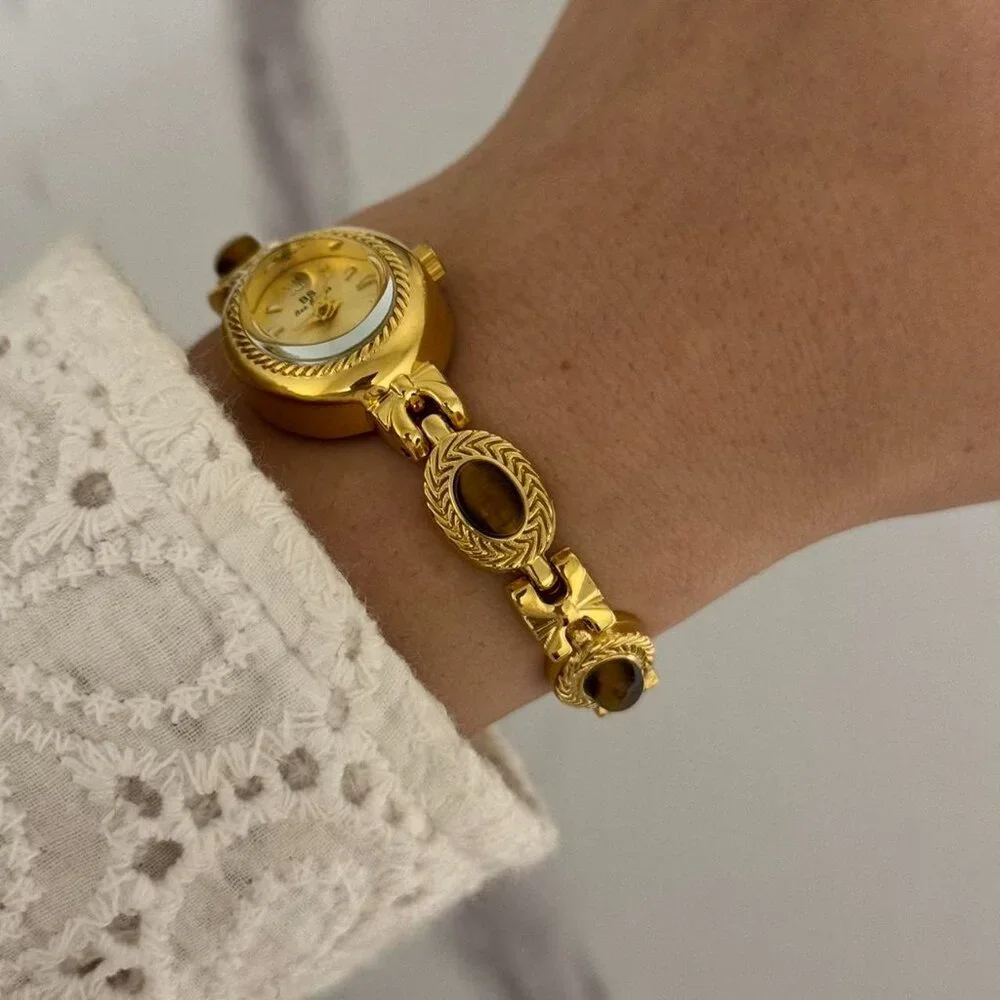 Sku0461‎ gold mini watch bracelet with brown natural stone inserts vintage style